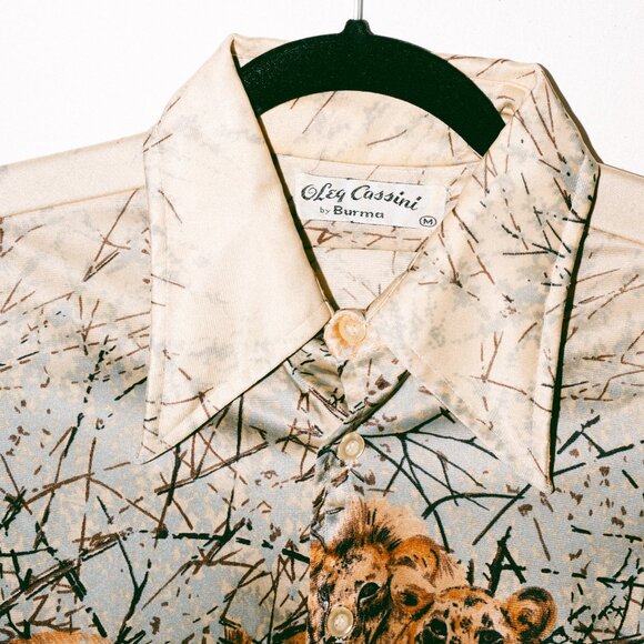 Vintage 70s Oleg Cassini by Burma Butterfly-Collar Disco Shirt – Lion Scene - Picture 4 of 5